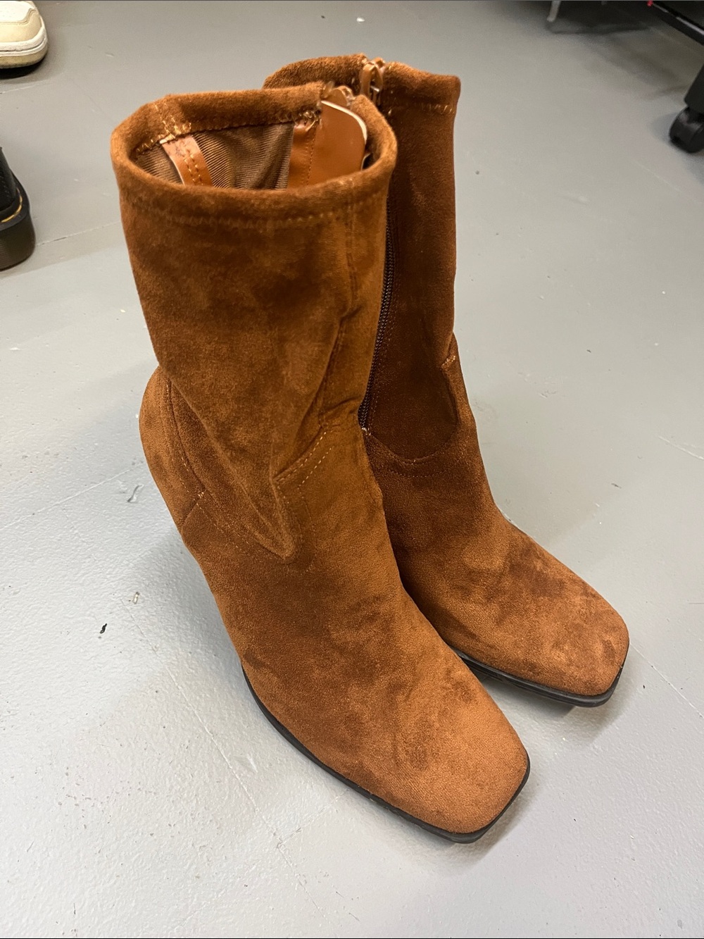 Suede Mid-Calf Heeled Boots in Cognac Brown